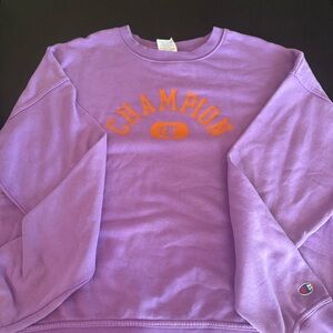 Champion crew neck- purple w/ orange letters- size medium